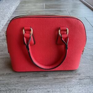 Red Dome Satchel Handbag Crossbody Saffiano Style Gold Hardware Long Strap